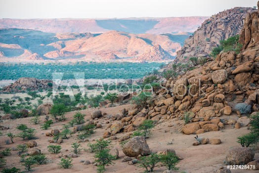 Picture of Rocky landscape of Namibia with huge boulders and green trees